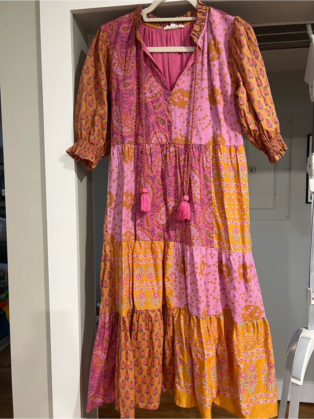 THML Pink and Mustard Boho Patchwork Midi Dress